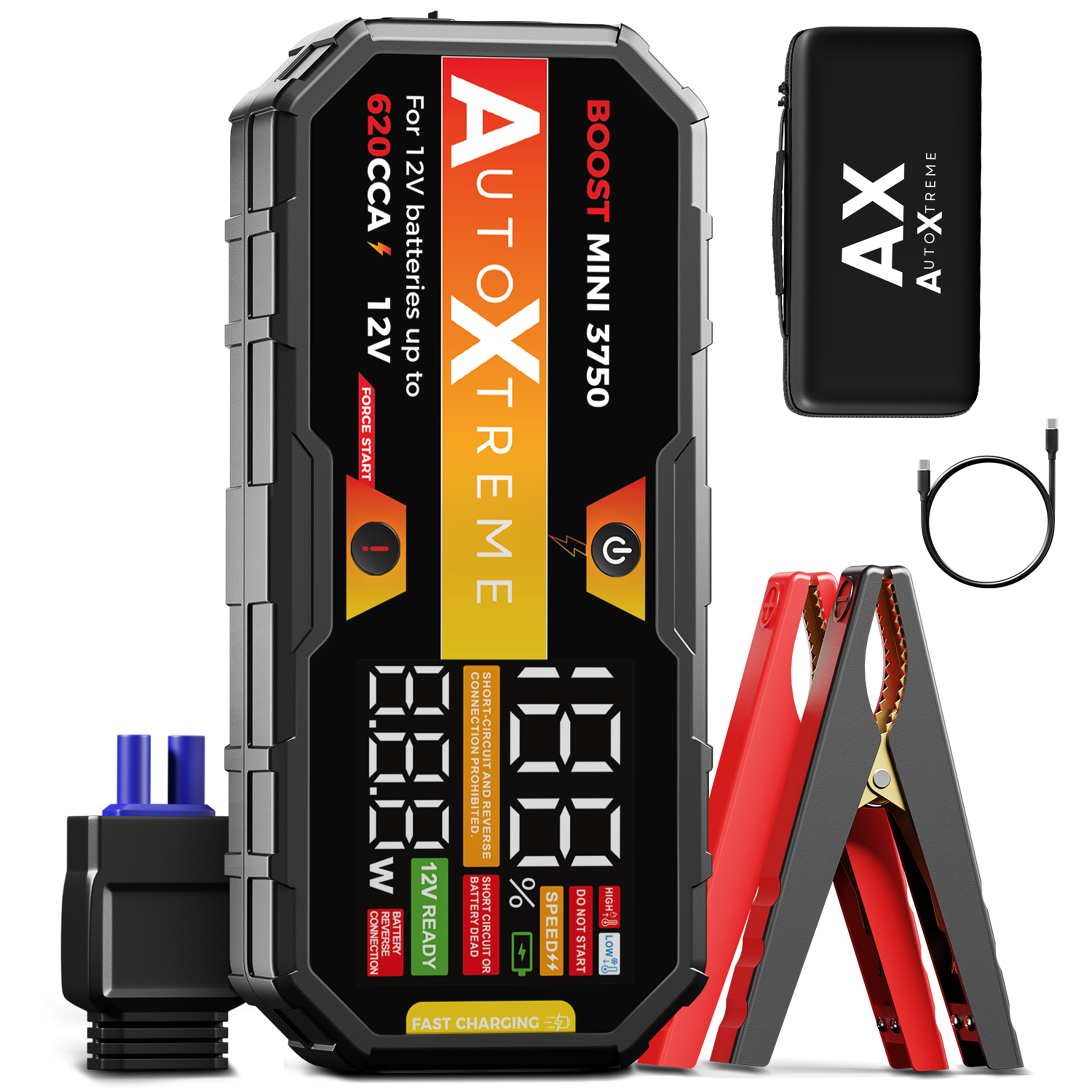 AutoXtreme Boost Mini 3750 jumpstarter, vooraanzicht met LED-scherm