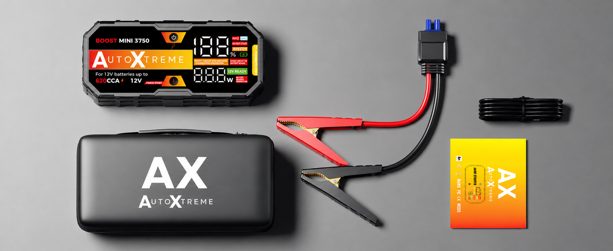 Boost Mini in de doos: jumpstarter, startkabels, oplaadkabel en draagtas