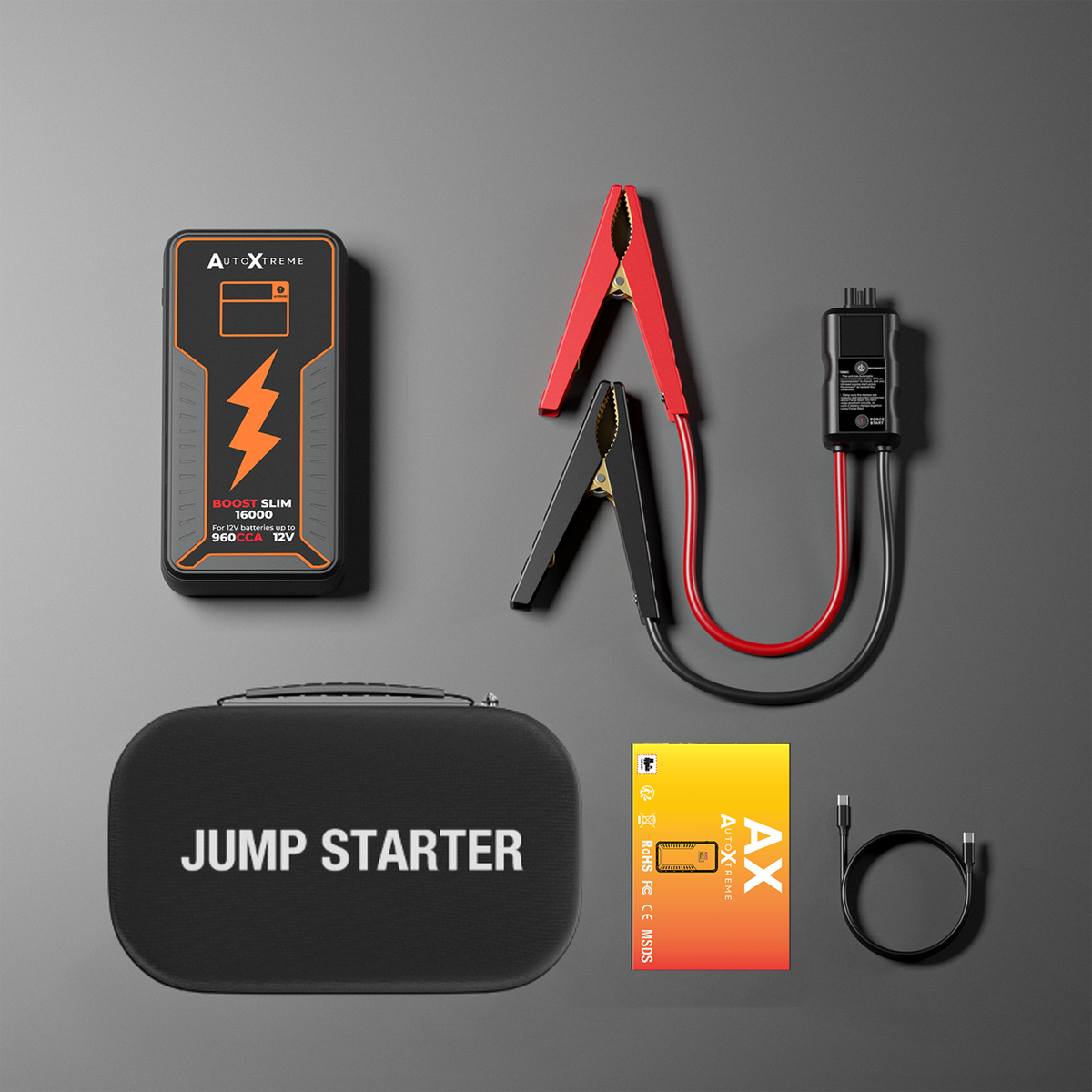 Verpakkingsinhoud Boost Slim 16000: jumpstarter, slimme klemkabel, USB-C laadkabel, beschermdoos en handleiding