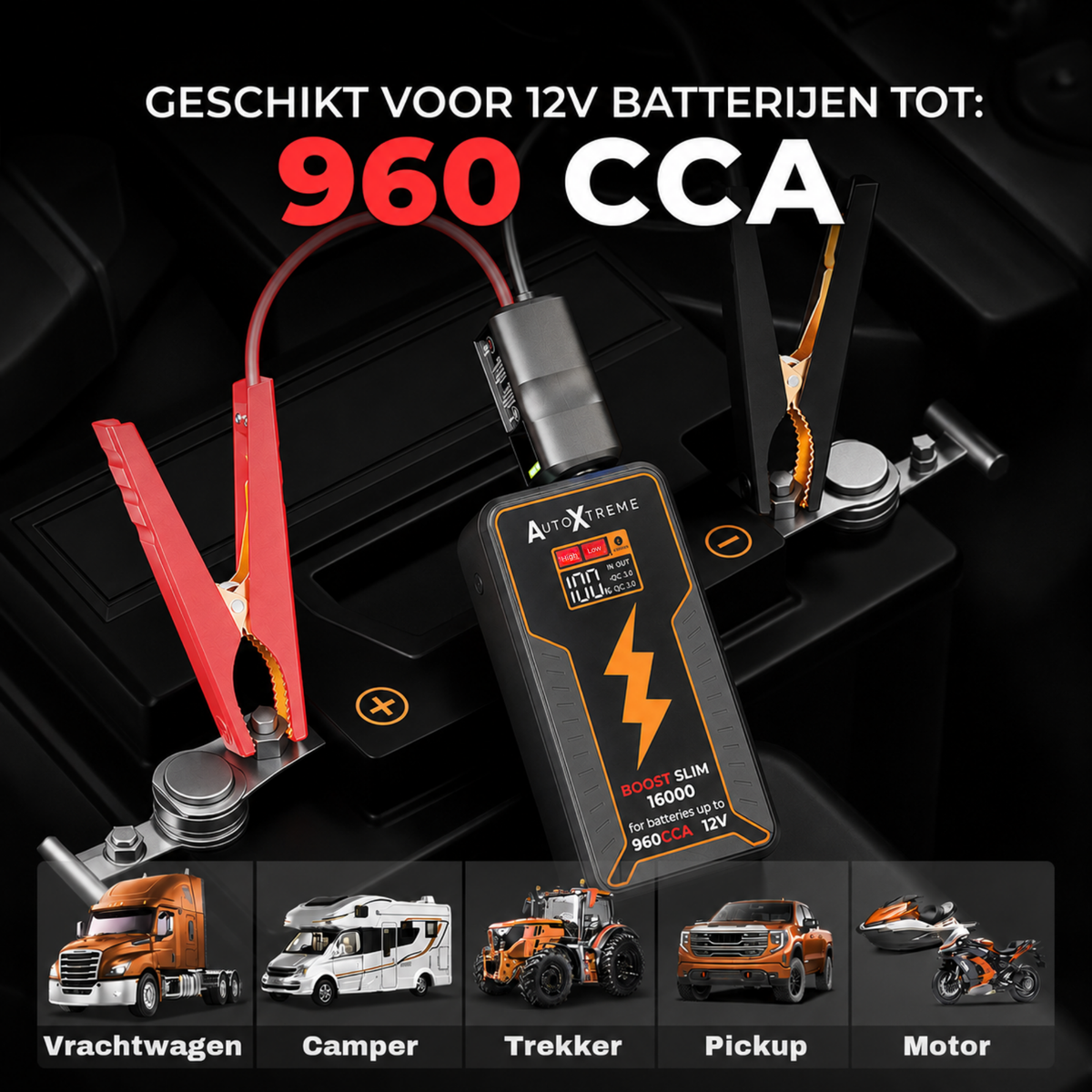 Boost Slim 16000 is geschikt voor 12V-accu's tot 960 CCA, van auto en motor tot camper en pickup