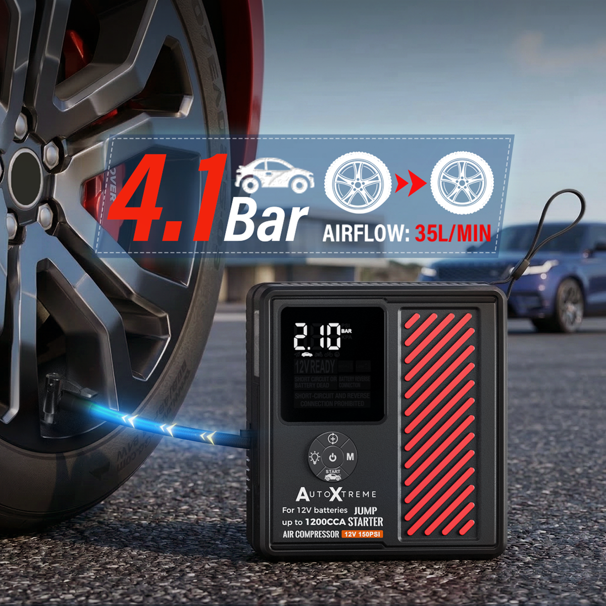 Compressor van de Boost Air Plus pompt een autoband op tot 4,1 BAR met 35 liter per minuut