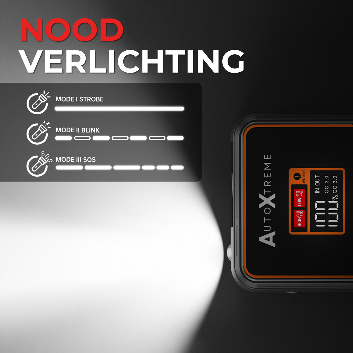 Ingebouwde zaklamp met drie standen: zaklamp, knipperlicht en SOS