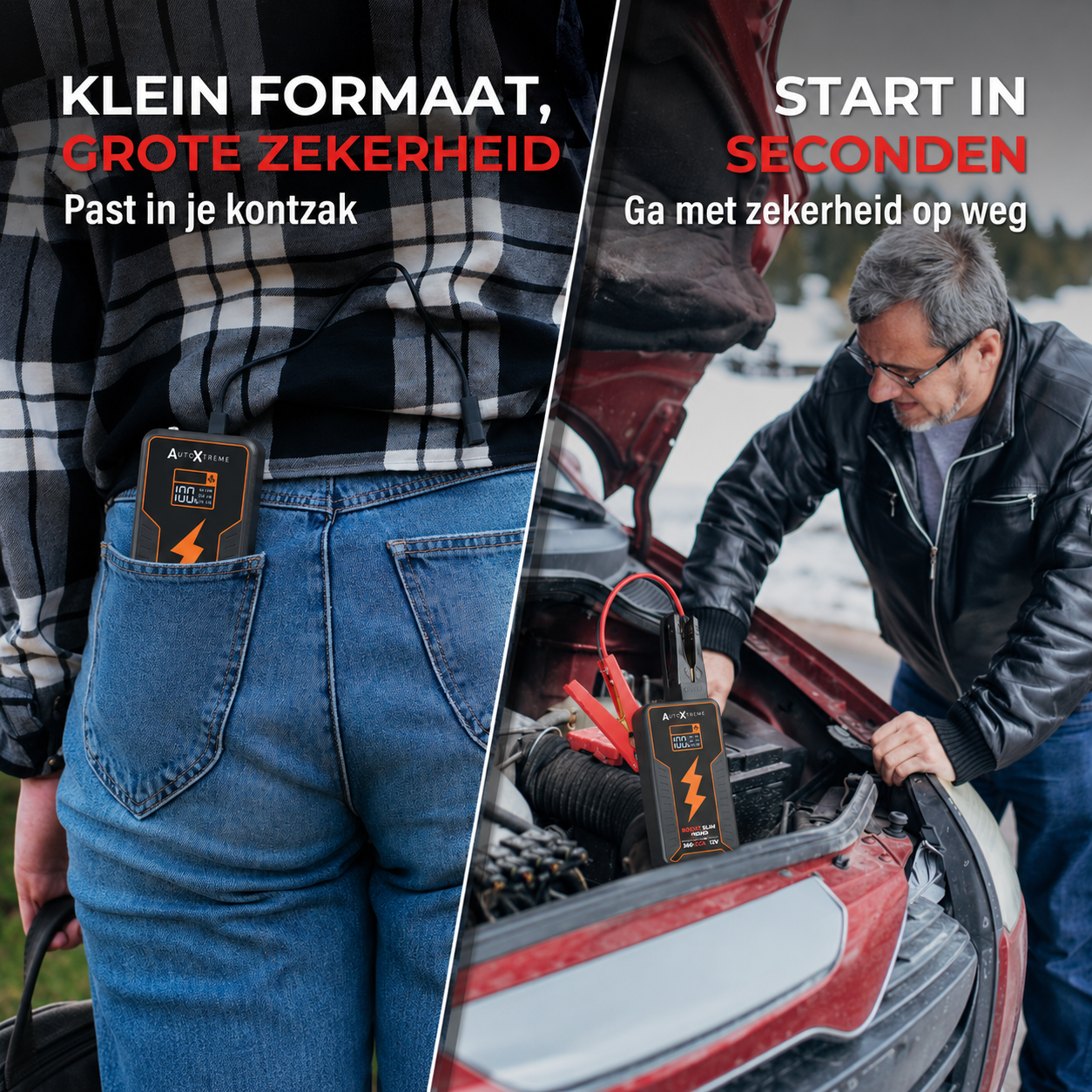 AutoXtreme Boost Slim 12000 in een achterzak en in gebruik onder de motorkap