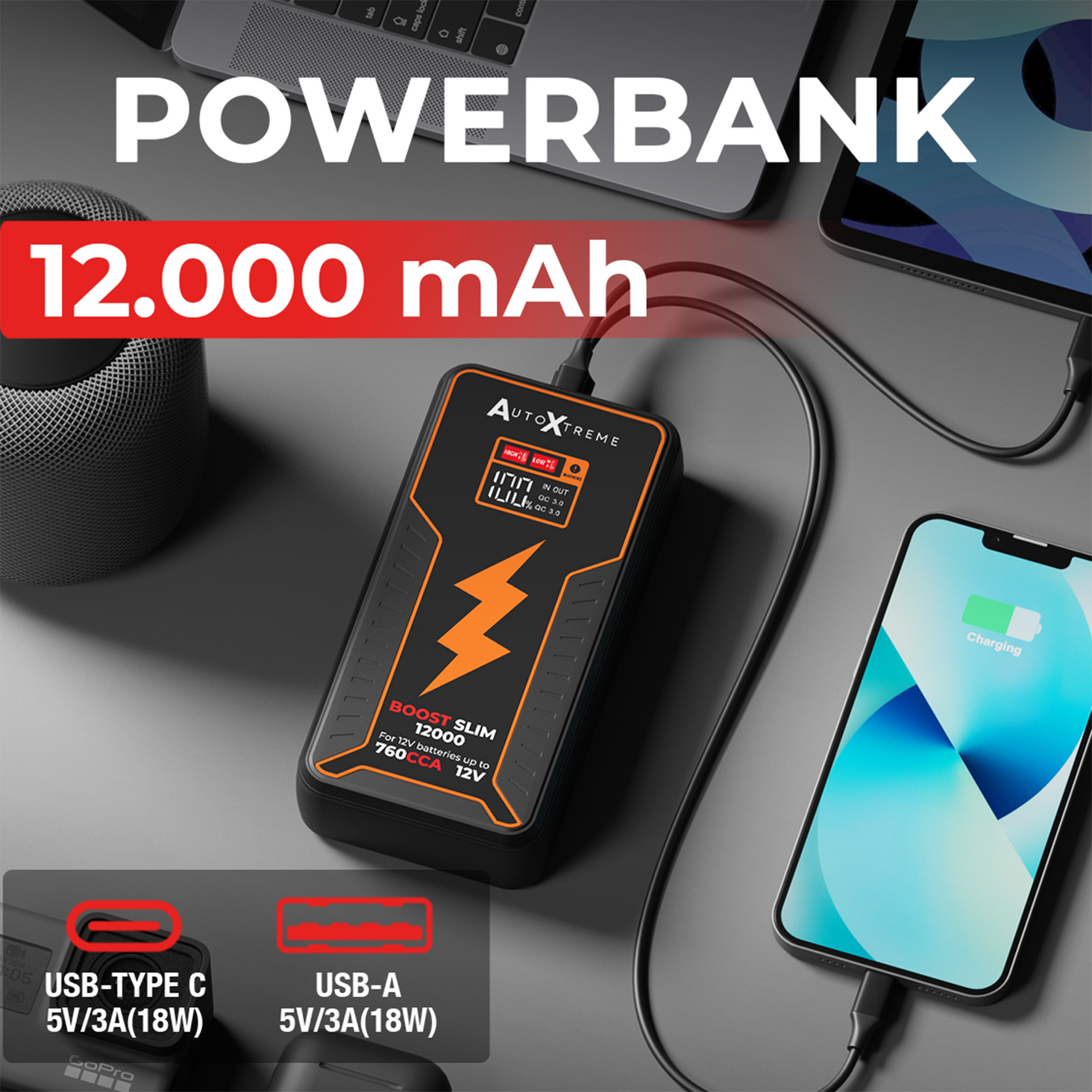 Powerbankfunctie van 12.000 mAh met USB-C en USB-A, 18 watt