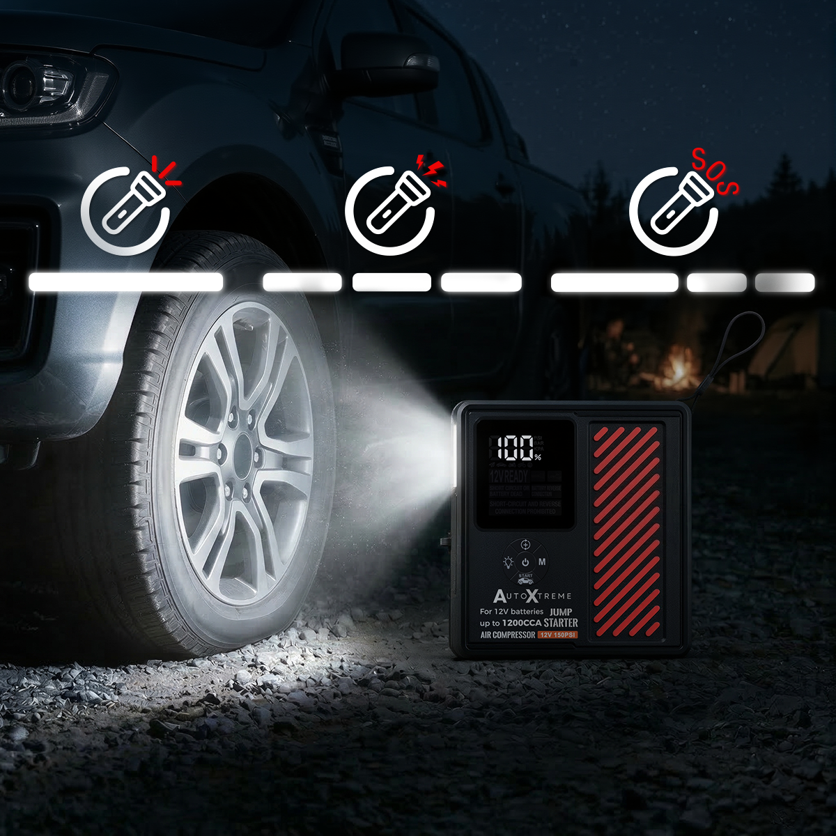 LED-zaklamp van de Boost Air Plus met normale stand, knipperstand en SOS-stand