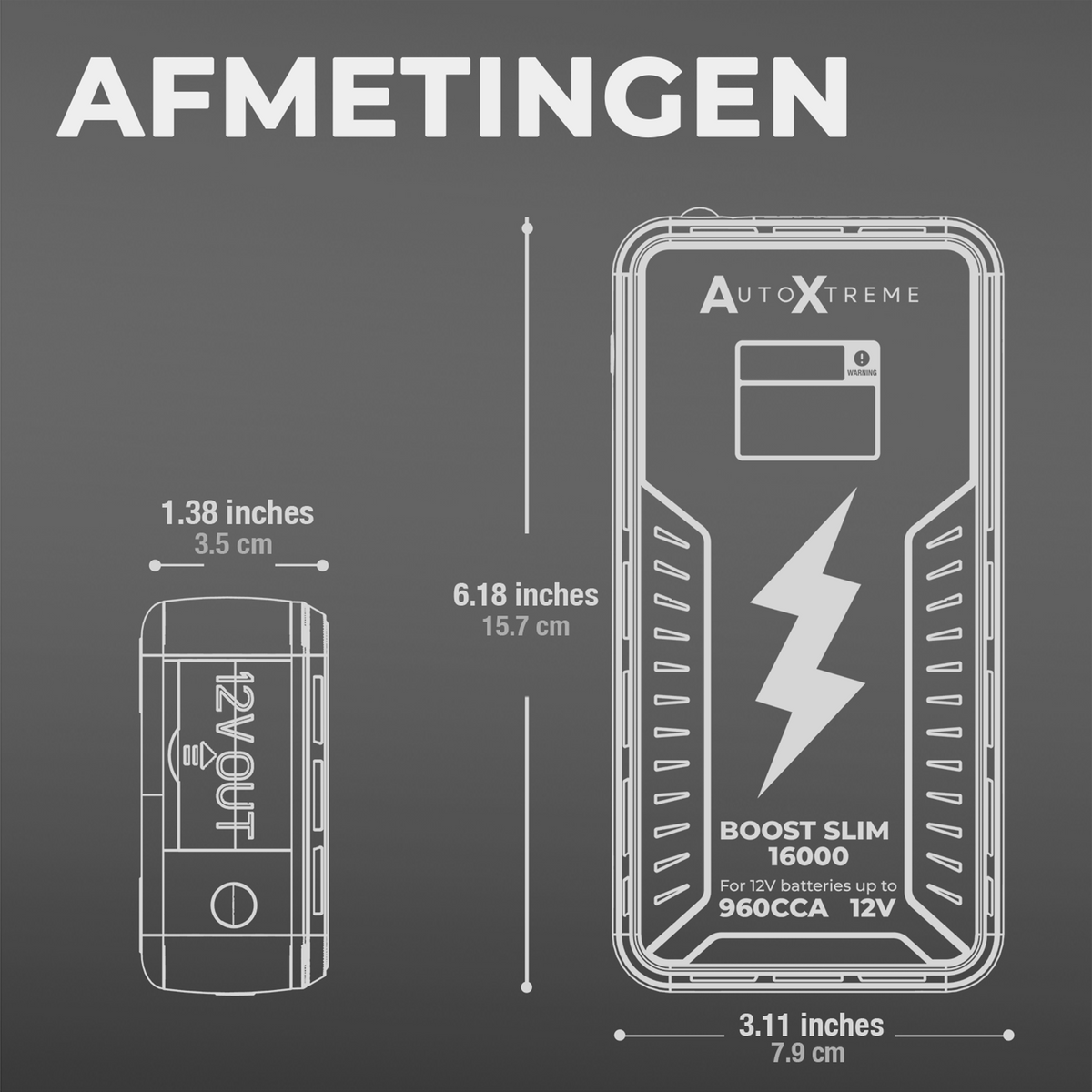 Afmetingen Boost Slim 16000: circa 15,7 x 7,9 x 3,8 cm