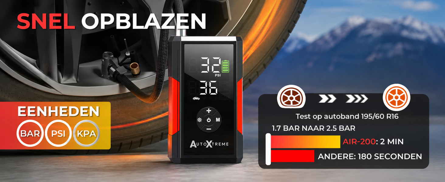 AutoXtreme Air-200 pompt een autoband van 195/60 R16 op naar de ingestelde spanning