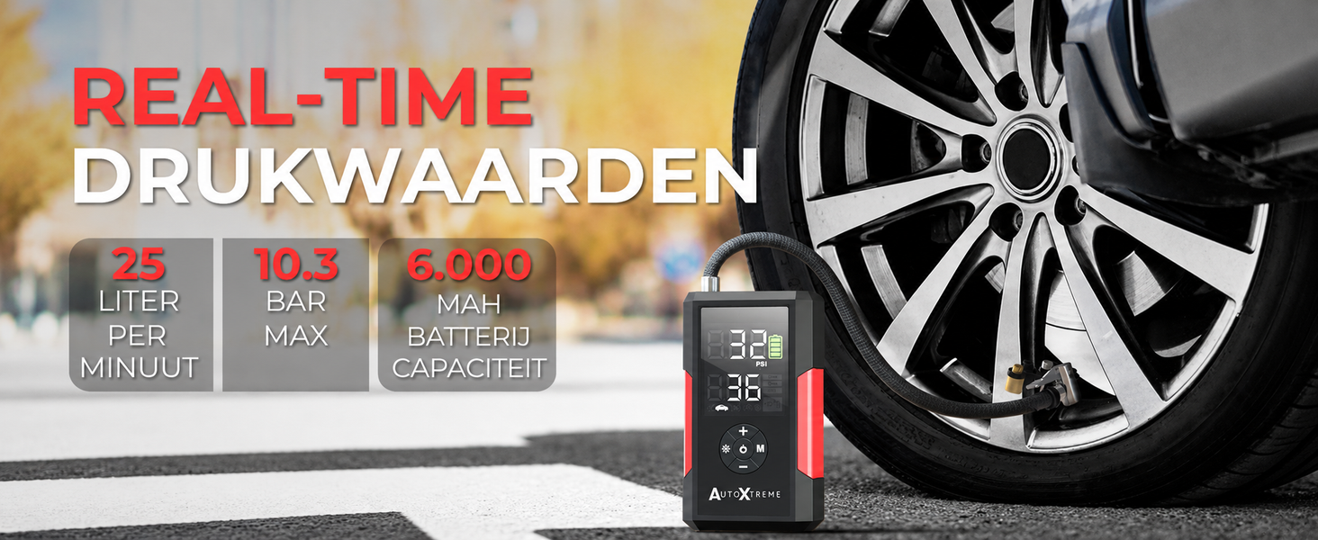 AutoXtreme Air-200 toont de bandenspanning live tijdens het oppompen