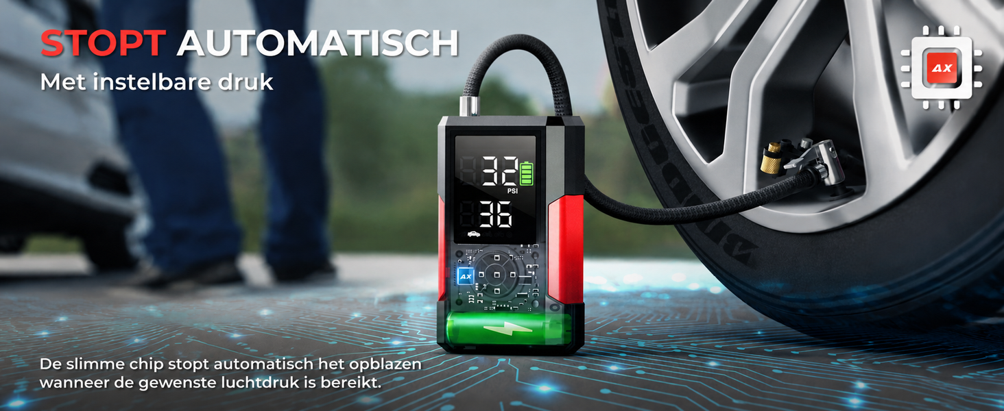AutoXtreme Air-200 schakelt automatisch uit zodra de ingestelde bandenspanning is bereikt