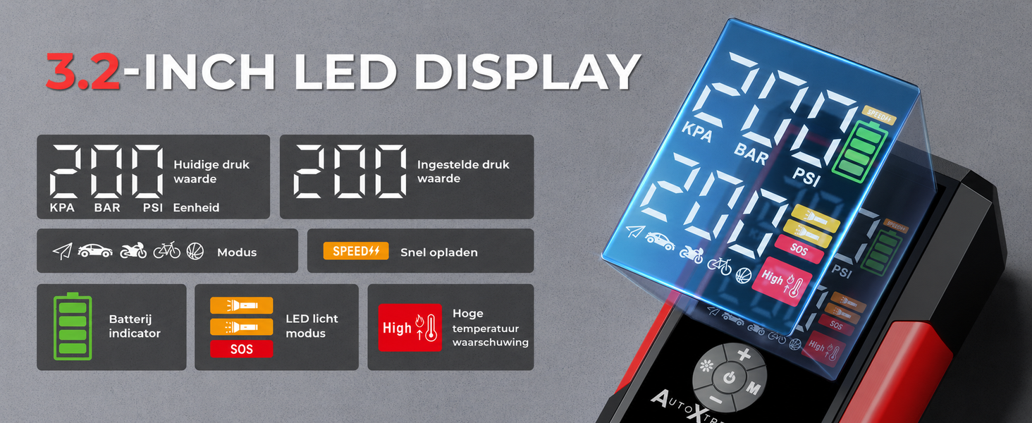 3,2 inch display van de AutoXtreme Air-200 met druk, modus en accu-indicator
