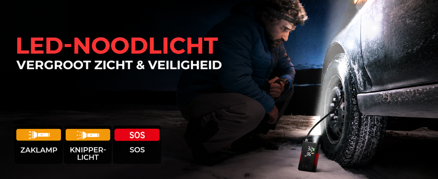 Noodverlichting van de AutoXtreme Air-200 met aan-, knipper- en SOS-stand