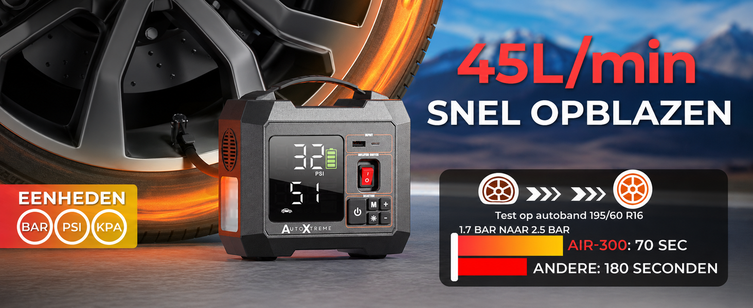 AutoXtreme Air-300 pompt een autoband op met 45 L/min luchtstroom