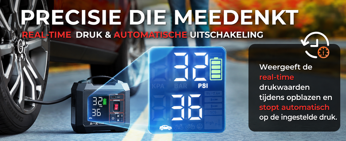 AutoXtreme Air-300 meet de bandenspanning live en stopt automatisch op de ingestelde druk