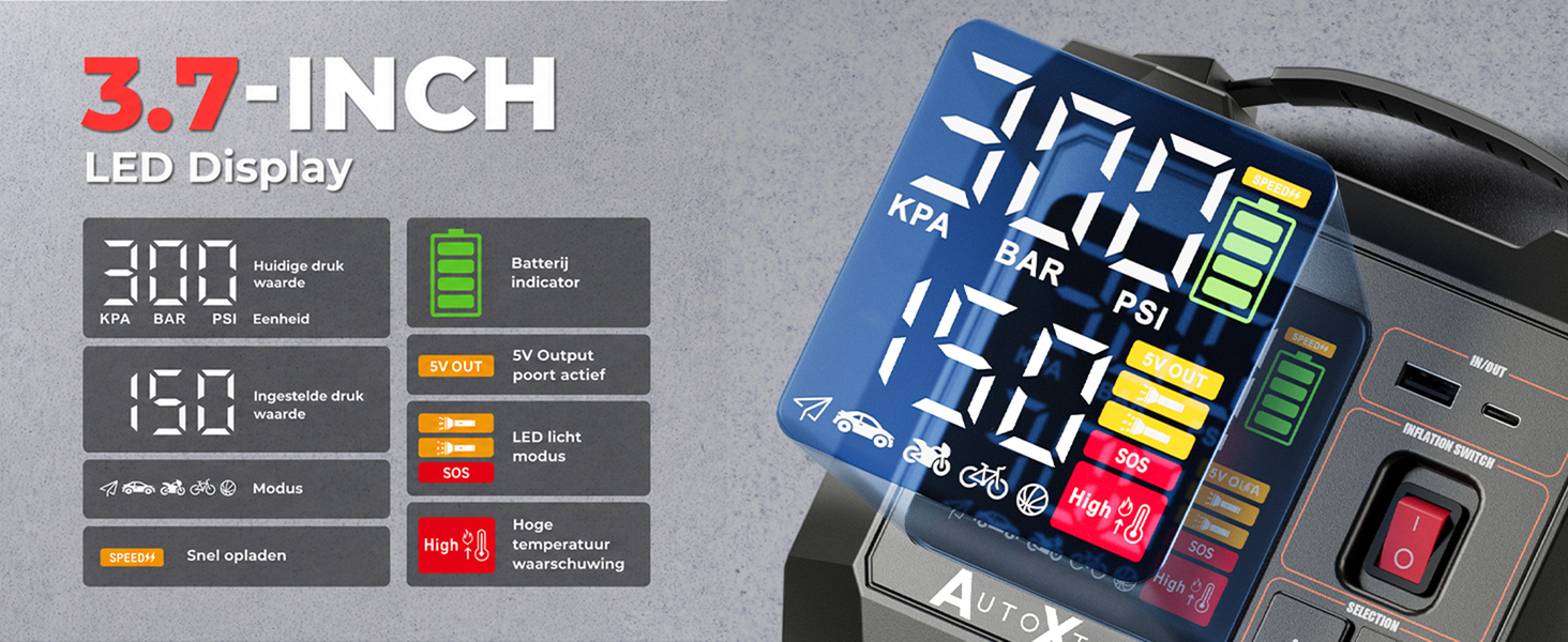 3,7 inch LED-display van de AutoXtreme Air-300 met druk, modus en accu-indicator