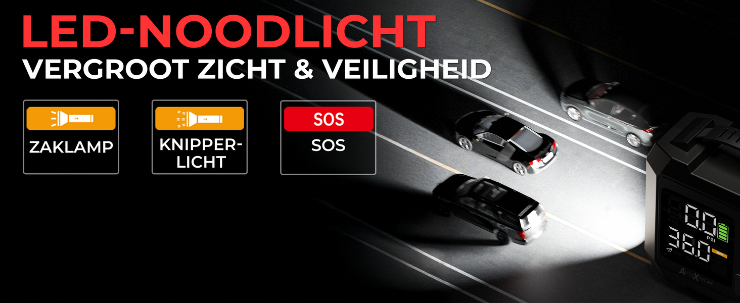 Noodverlichting van de AutoXtreme Air-300 met aan-, knipper- en SOS-stand
