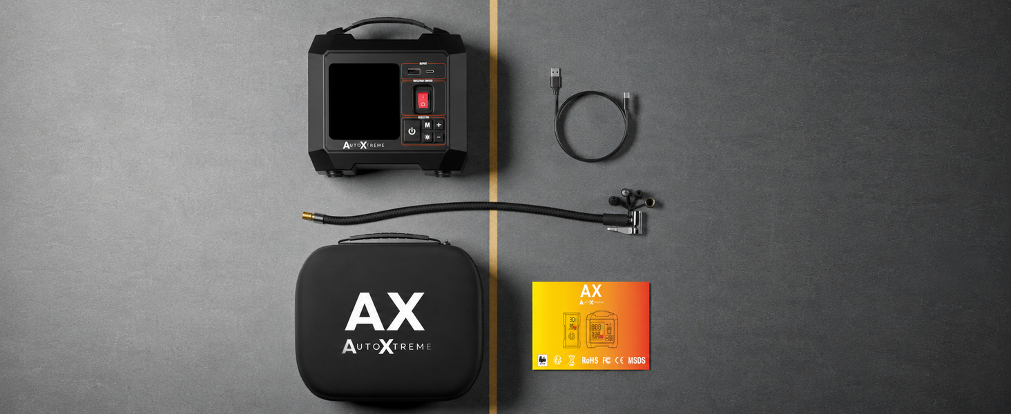 Verpakkingsinhoud AutoXtreme Air-300: compressor, opbergtas, luchtslang met mondstukken, laadkabel en handleiding