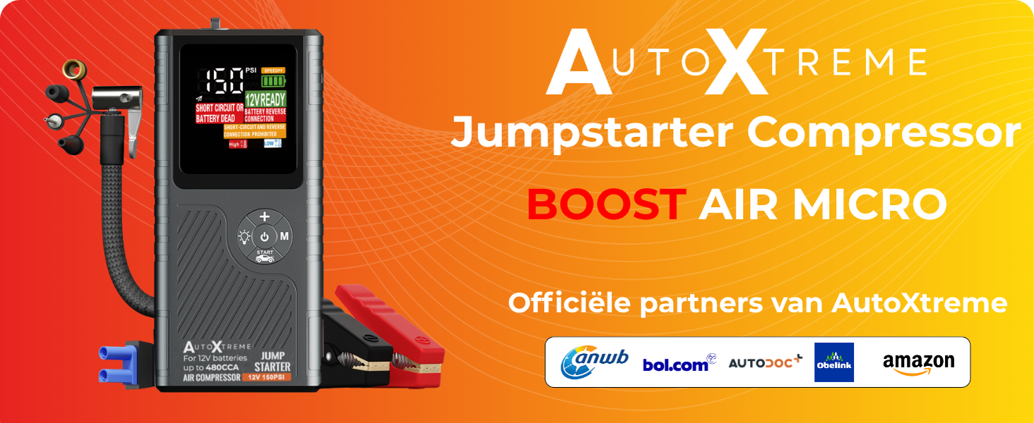 AutoXtreme Boost Air Micro jumpstarter compressor, 480 CCA, met officiële partners ANWB, Bol.com, Autodoc en Amazon