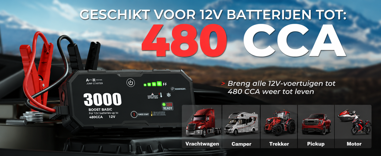 Boost Basic 3000 geschikt voor 12V-accu's tot 480 CCA, bepaald op de CCA-waarde