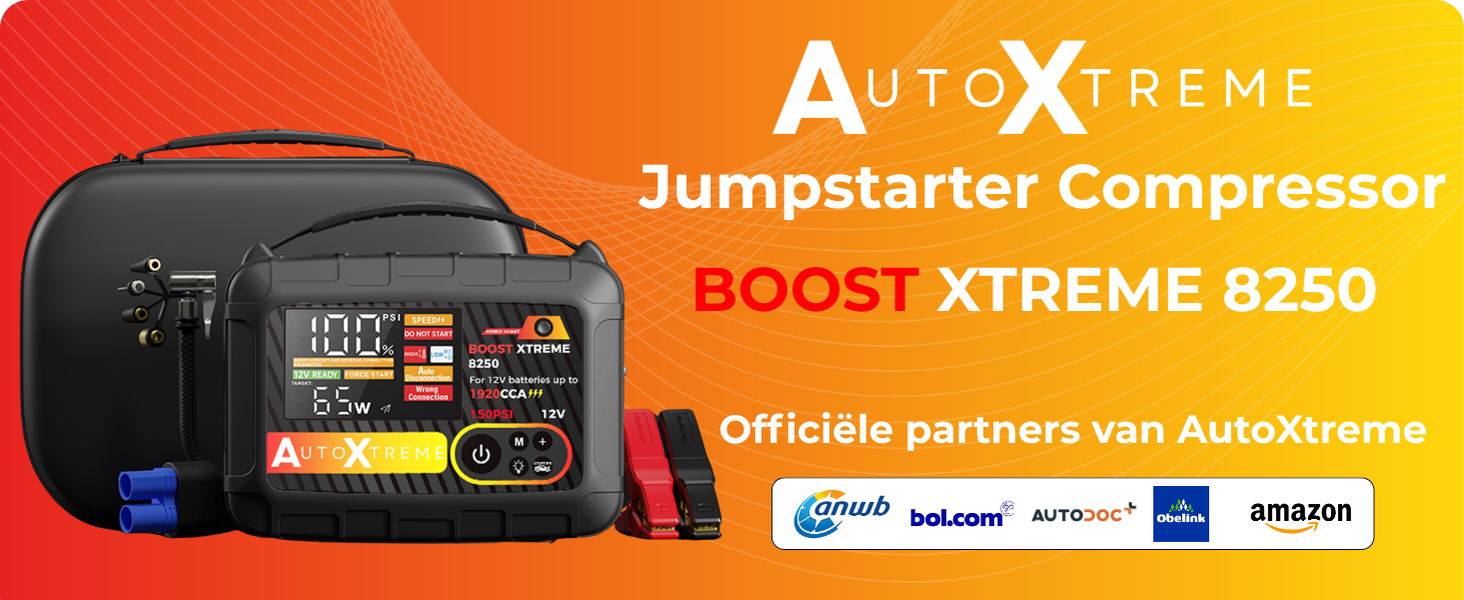 AutoXtreme Boost Xtreme 8250 jumpstarter compressor, 1920 CCA, officiële partners ANWB, Bol.com, Autodoc, Obelink en Amazon