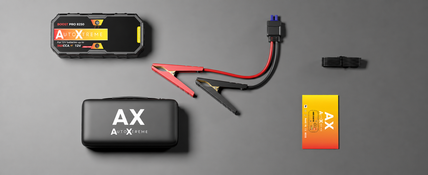 Boost Pro in de doos: jumpstarter, startkabels, USB-oplaadkabel, handleiding en draagtas