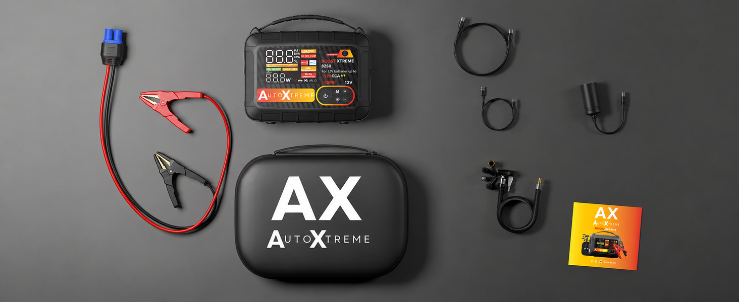 Boost Xtreme in de doos: jumpstarter, startkabels, luchtslang, oplaadkabel en draagtas