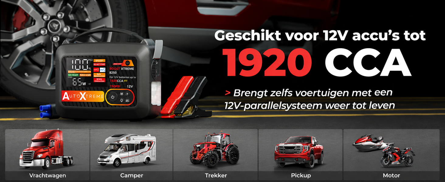 Boost Xtreme geschikt voor 12V-accu's tot 1920 CCA: auto, vrachtwagen, camper, trekker, pickup en motor