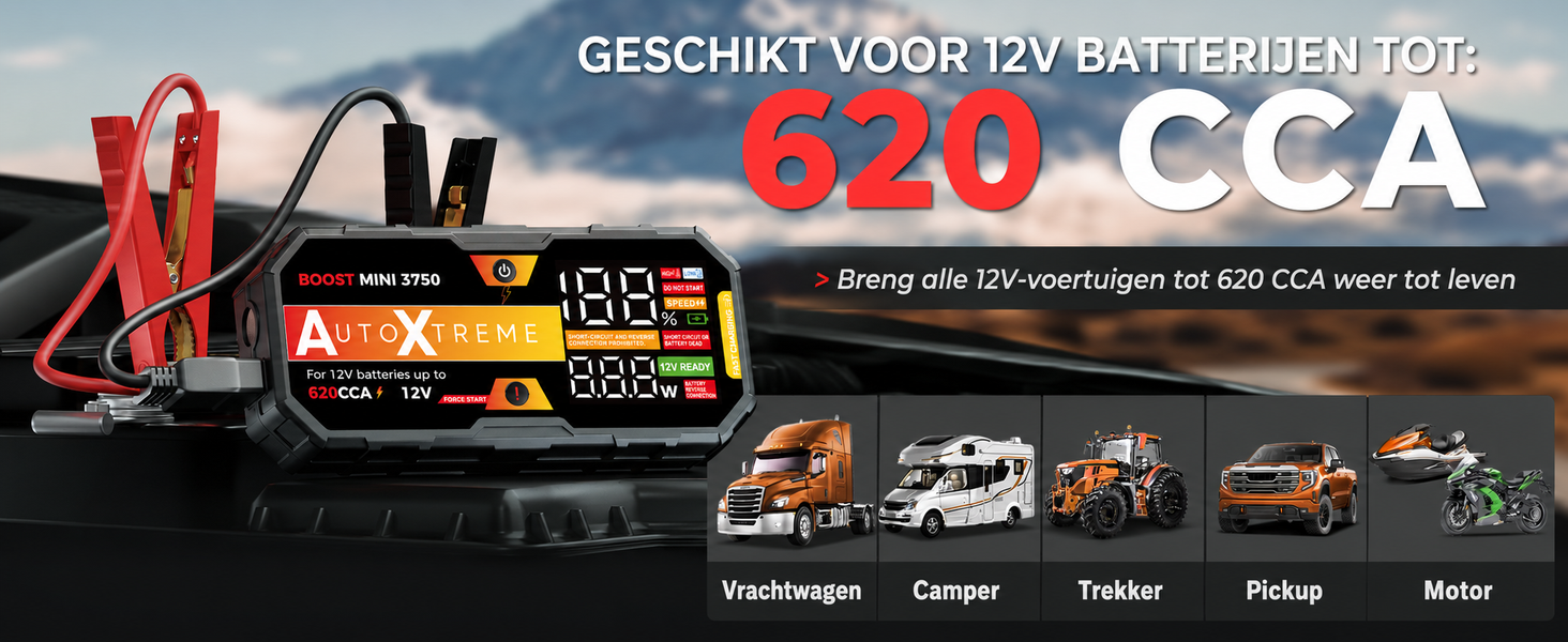 Boost Mini 3750 geschikt voor 12V-accu's tot 620 CCA, bepaald op de CCA-waarde