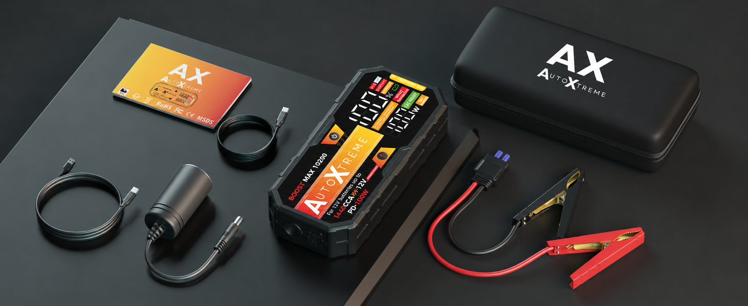 Boost Max in de doos: jumpstarter, startkabels, oplaadkabel en draagtas
