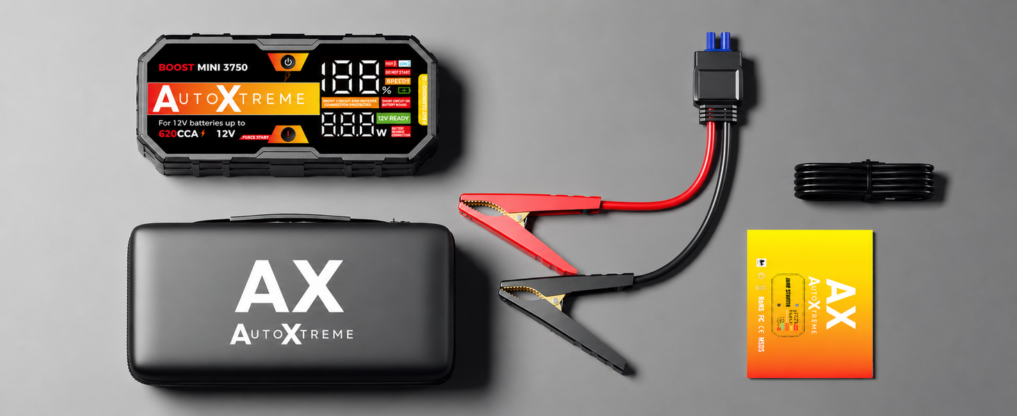 Boost Mini in de doos: jumpstarter, startkabels, oplaadkabel en draagtas
