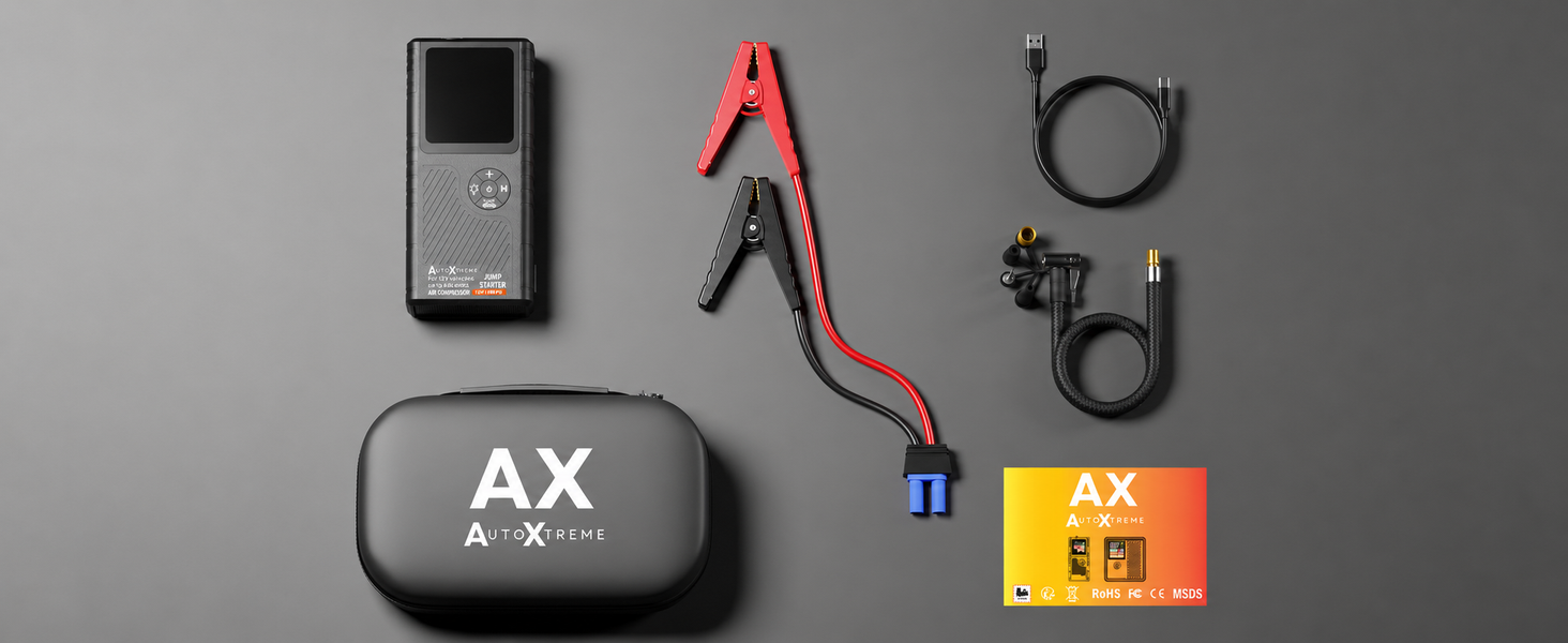 Boost Air Micro in de doos: jumpstarter, startkabels, luchtslang en draagtas